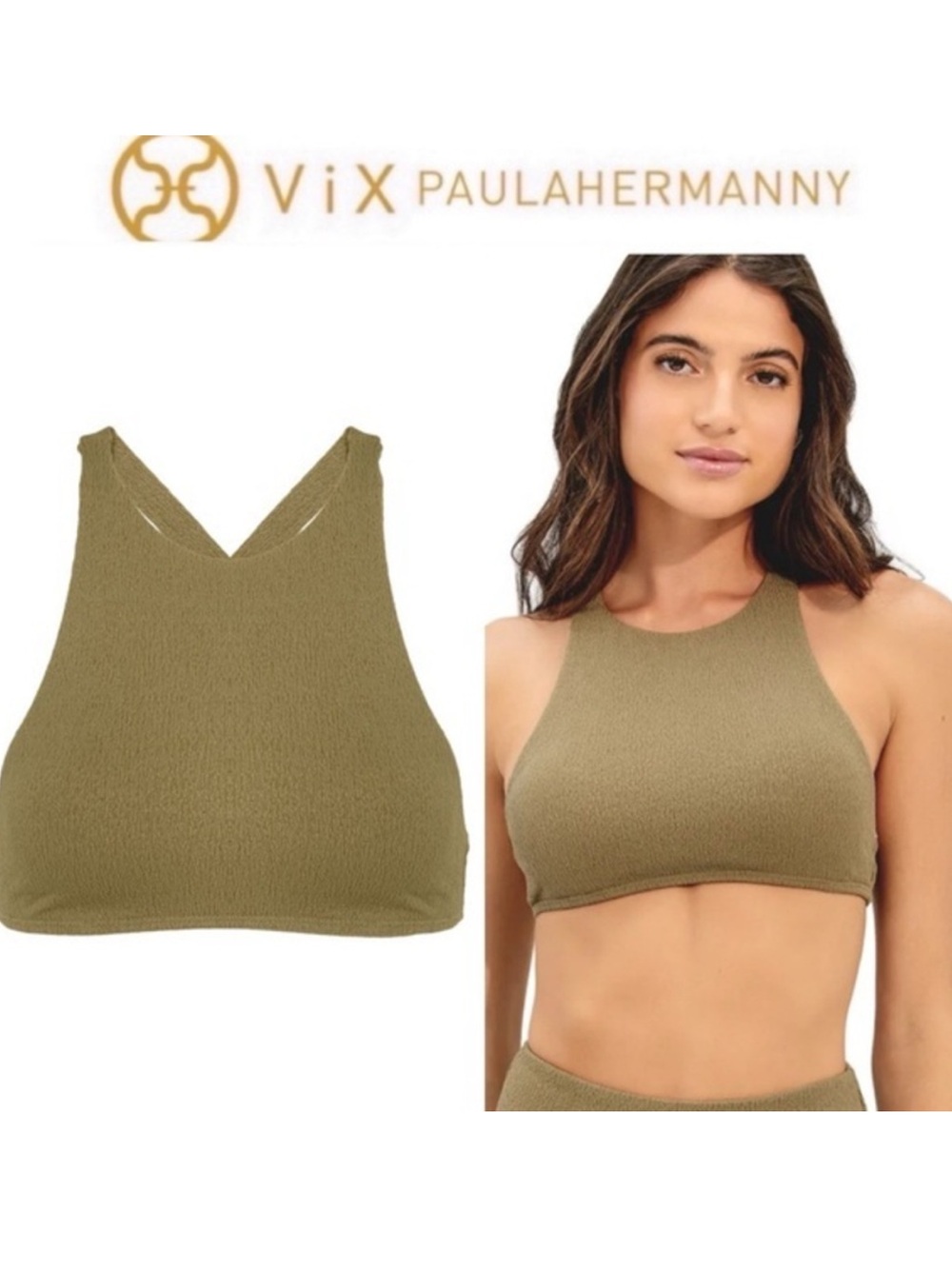 Vix Paula Hermanny Olive High-Neck Bikini Top size small